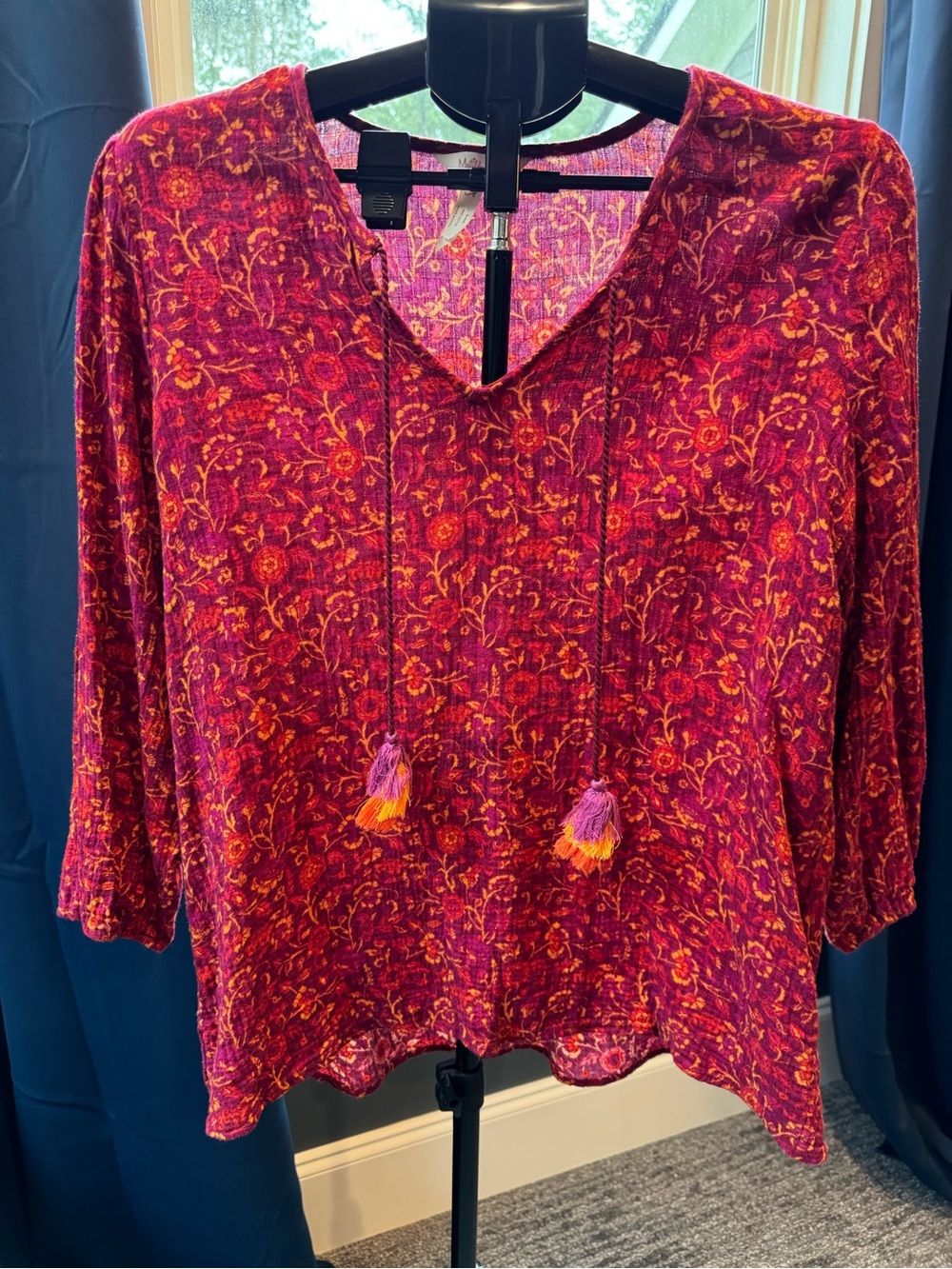 Matilda Jane Enchanted Garden Coral Reef Medallion Boho Tassel Blouse Size Large